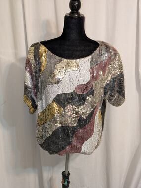 VTG 80s J.L.B. Sequin Mosaic Silk Bat Wing Sleeve Blouse Hong Kong NY Glam Sz X2